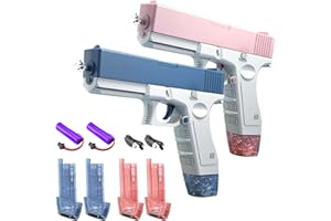 PZCC Electric Water Pistol 2 Pcs (Blue & Pink), High-Powered Water Guns for Kids with 2 Detachable Magazines, Long Range Pressurised Squirt Gun for Summer Pool Beach, Cat Play, Birthday Gift for Boys Girls