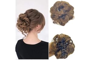 SWY HAIR Claw Clip Messy Bun Hair Piece Wavy Curly Large Hair Bun Clip in Claw Chignon Ponytail Hairpieces Synthetic Tousled Updo Hair Extensions Scrunchie Hairpiece for Women (Light Brown)