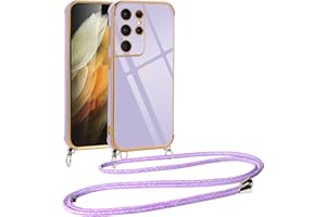 Vauki Funda con Cuerda para Samsung Galaxy S21 Ultra 5G, Patrón de Corazón TPU Carcasa, con Colgante Ajustable Collar Correa para el Cuello Cadena Cuerda, AntiChoque Suave Silicona Cover, Morado
