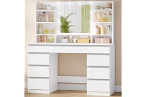 Hzuaneri DużA Toaletka z OśWietleniem Led, 10 Kul śWietlnych Led, 3 Kolory, Regulowana Jasność, Toaletka z Lustrem, 9 Szuflad, 9 Otwartych PółEk, Nowoczesny Styl, BiałY-Srebrny DT35703WV1