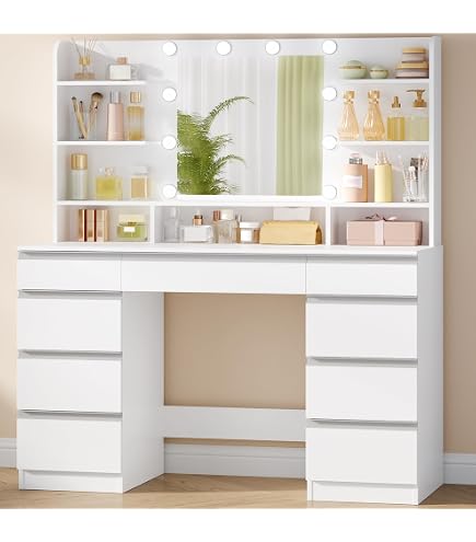 Coiffeuse Avec Miroir LED (3 Couleurs, Intensité Variable) - 5 Tiroirs, Chaise Incluse - Plateau En Marbre UV, Design Anti-chute - Dimensions : 100 Cm, Couleur Gris