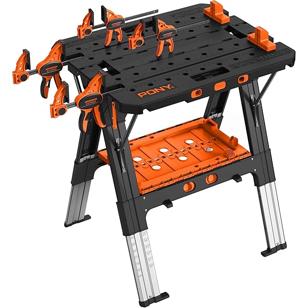 7-in-1 Folding Workbench - 551 Lb Capacity, Adjustable Height, With Wheels, Tool Tray - Scaffold, Sawhorse, Dolly