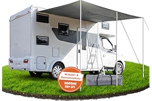 Ezcasch Tenda da sole per roulotte, 400 x 240 cm, per camper con 2 listelli e 3 aste in alluminio, protezione dall'acqua da 5000 ml e protezione solare UV 50 +