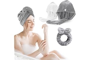 Kakveiai 3 Stück Mikrofaser Turban, Haarturban, haarturban mikrofaser, Turban Handtuch mit Knopf, Super saugfähiges Kopftuch, Trockenhaartuch für alle Haartypen, 2 + 1-Stirnband-Set