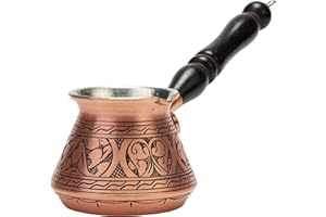 DEMMEX 2mm Thickest Copper Turkish Greek Arabic Coffee Pot Engraved Stovetop Coffee Maker Cezve Ibrik Briki with Wooden Handle & Spoon, for 3 People (Matte Copper)