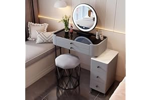 AMZSEW Dressing Table with LED Lights 5 Drawers White Vanity Table with Storage Cabinet Girls Makeup Table with Mirror and Stool for Bedroom (GRAY70, 70)