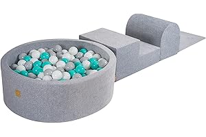 MEOWBABY Parco Giochi in Schiuma con Piscina di Palline 90x30cm/200 Palline per Bambini - Blocchi Morbidi, Velluto, Grigio Chiaro: Grigio/Bianco/Turchese