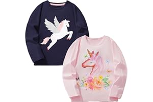 Pilipulu Langarmshirt Mädchen Baumwolle Longsleeve Kinder Mädchen Einhorn Häschen Rundhals Langarm Tops 2er Pack für Kinder 3-8 Jahre Größe 98 104 110 116 122 128