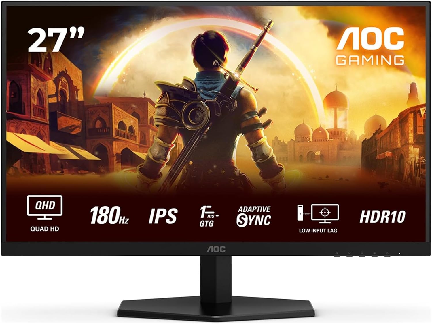AOC Q27G42XE Gaming Monitor 27 Pulgadas, 180Hz Panel Fast IPS, 0.5HDR10, Adaptive Sync, G-Sync Compatible, Altavoces, (2560x1440 HDMI 2X 2.0 DP 1x 1.4) Negro