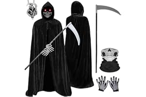 Tbczvx 5 Pcs Grim Reaper Costume, Grim Reaper Cloak, Halloween Costumes Black Cloak Hooded Cape Scythe Skeleton Gloves Skeleton Mask Necklace Set for Cosplay Outfits Party Dress for Women Men