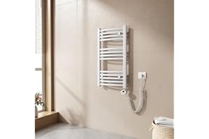 EMKE Scaldasalviette elettrico bagno,Curvo,75 x 40cm, 250W,Scaldasalviette con Termostato,Bianco,Radiatore da Bagno,Termoarredo Asciugamani da Bagno