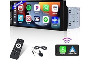 Hikity Radio samochodowe DIN 1 Bluetooth z bezprzewodowym Carplay, Android Auto, ekran dotykowy 6,9 cala, radio samochodowe z kamerą cofania, wyświetlacz dotykowy z Mirror Link, radio FM, USB SWC Mic
