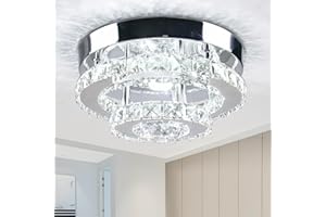 Cainjiazh Mini Crystal LED Ceiling Light Lamp Stainless Steel K9 Modern Flush Mount Lights Fixture Double Round Chandelier for Dining Room Living Room Bedroom Hallway Staircase Kitchen(Cool White)