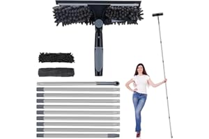 JELLYBIBO Palo Telescopico Limpieza 4m, 2 en 1 Limpiador Cristales con 2 Paños de Microfibra, Limpiacristales Telescopico con Cabezal Giratorio de 180 ​​°, Limpia Cristales para Exteriores Altas (Gris)