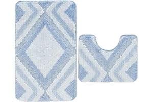 Nest & Nibble Bath Mats 2 Piece Set Non Slip Bath Mat & Toilet Rug – Soft Microfiber, Quick Dry, Machine Washable, Water Absorbent Shower Mats – Bathroom Carpet Essentials (Blue Design1, 50x80)
