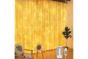 HOTERIL Tenda di Luci, Tenda Luminosa 3x3M 300LED con Telecomando, 8 Modalità, IP65 Impermeabile, Tenda Luce Alimentata da USB per Decorare Camera da Letto, Finestra, Natale, Interno, Esterno, Compleanno