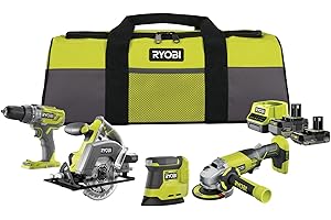 Ryobi RCK184O-242SZL, Kit Utensili da 4 pezzi, Trapano Avvitatore + Smerigliatrice Angolare + Levigatrice + Sega Circolare, 1 Batteria 4.0Ah e 1 Batteria 2.0Ah + Caricabatterie e Borsa Portautensili