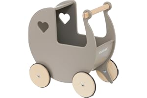 Moover Classic Doll's Pram for Toddlers, Fully Assembled, Designed in Denmark from Russian Birch Plywood, Push Along Toy, 18 Months+, 44 x 43 x 24 cm, Grey and Natural Wood