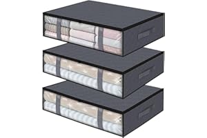 HASUDEI 3PCS Scatole per Armadio Borsa di Stoccaggio Scatole per Vestiti Armadio Grande Contenitori Trasparente Buste Contenitori Armadio Organizer Scatole Salvaspazio con Manico per Vestiti （Grigio）