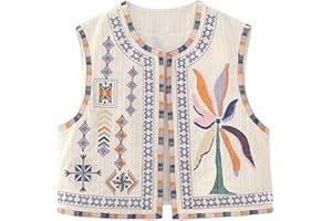 Siyova Women Vest Sleeveless Vintage Cardigan Floral Embroidered Open Front Crop Top Summer Boho Retro Waistcoat Women Gilet Casual Street