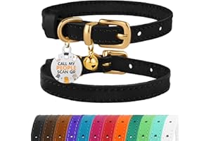 BRONZEDOG Collar de piel para gato con placa QR-ID extraíble, collar para gatitos con cascabeles, no estrangulamiento, para hembras y machos (negro y dorado, 23-28 cm)