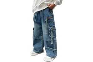 JiAmy Boys Baggy Jeans Elasticated Waist Cotton Kids Cargo Wide Leg Jeans with Multipockets Skater Y2k Unisex Streetwear Denim Trousers for 5-13 Years