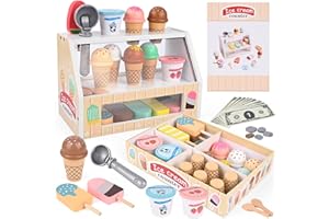 Gelateria Giocattolo per Bambini, Diealles Shine 45PCS Gelateria in Legno Giochi di Ruolo, Gelato in Legno Accessori da Cucina per Bambini Regalo