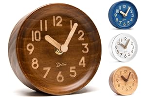 Driini Wooden Analog Desktop Clock – 4.3 in. Decorative Pinewood Clock, No-Tick Design – Easy to Read Silent Sweep Mantle Clock – Quiet Tabletop Clocks with Wood Body, Hands, & Battery Cover; Dark