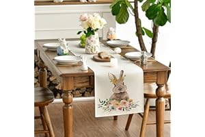 COFLINK Happy Easter Bunny Table Runner, Spring Seasona Linen Easter Tablecloth with Cute Patern, Kitchen Dining Table Cloths for Home Party Decorations (Beige-Bunny, 13-36 Inch)
