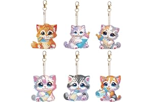 MTBRICEY 6Pcs Chat Diamant Art Peinture Portes-Clés 5D Bricolage Double Face Animal Mosaïque Diamant Porte-clés Pendentif Bouteille Cat Diamant Strass Peinture Porte-Clés Décorations pour Sac à Main Bourse (A)