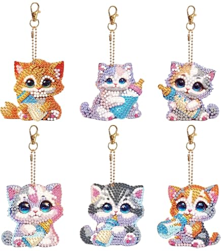 JSRQT 5 Pezzi Portachiavi 5D Con Pittura A Diamanti - Kit Fai Da Te Con Strass, Ciondoli Gatto Mosaico