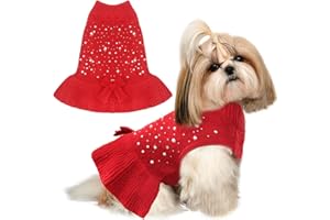 SKXEO Pet Dog Sweater Dress with Leash Hole for Small Medium Dogs with Bowtie Buffalo Check Red Black Turtleneck Cat Dog Pullover Knitwear Puppy Sweaters