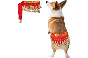 PENITUE Dog Belly Dancer Skirt, Bling Belly Dance Hip Scarf for Corgis Dog Waist Wrap with Sequins Adjustable Puppy Dancing Costumes for Halloween Parties Celebration Performance(Red)