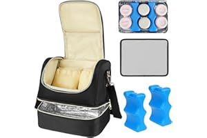 Jaffzora Breast Pump & Cooler Bag, Double-Layer Insulated, Fits 6 Bottles, 2 Ice Packs & 1 Waterproof Mat, Fits Willow/Elvie/Momcozy/Medela (Black)