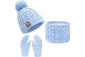 Fiohiros Girls Winter Hat Scarf Gloves Set, Kids Soft Warm Hat Neck Warmer Mittens for 4-10 Years Old Girls