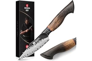 XINZUO 10,7cm Couteau à Fruits de Cuisine 67 Couches Acier Damas Tranchant Couteau d'office à éplucher Paring Professionnel Forgé à la Main -Poignée Ergonomique en Chêne Blanc et G10 Rouge