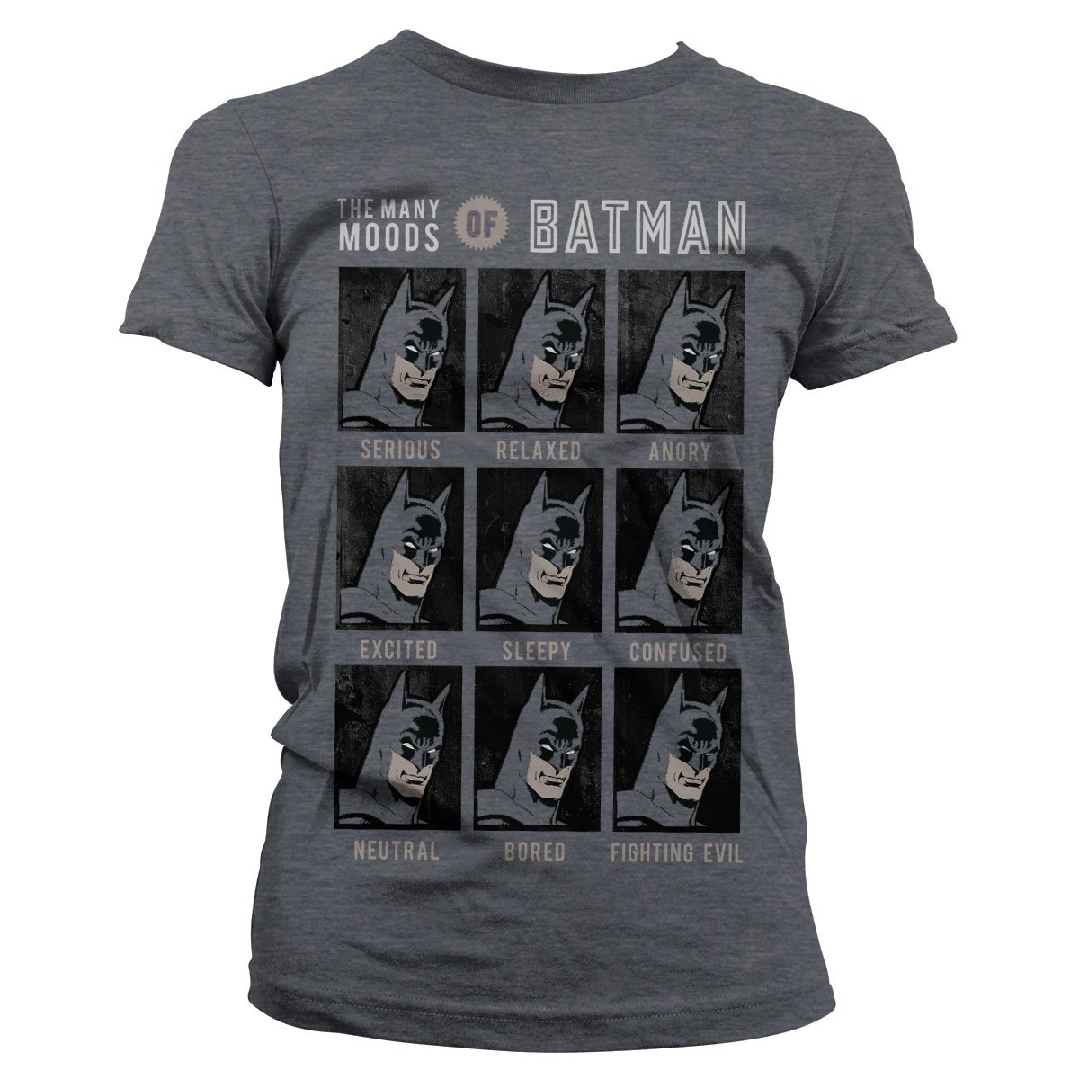 Batman-Offizielles-Lizenzprodukt-The-Many-Moods-of-Damen-T-Shirt-Dunkel-Heather-Medium