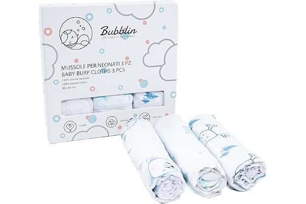 Bubblin Langes Bébé Lot de 3 Mousselines 80x80 cm, 100% Coton Naturel Certifié Oeko-TEX, Couverture Bèbè (Ourson)