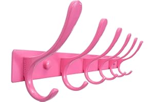 SKOLOO Coat Rack Wall Mounted - 6 Hooks, Heavy Duty, Stainless Steel, Metal Wall Coat Hanger, Sturdy Wall Hooks for Hanging Coat, Jacket, Clothes, Hat, Pink