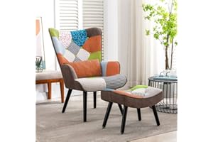 HomeMiYN Patchwork Chair,Accent Armchair with Ottoman Single Sofa Chairs with Footstool and Pillow,Fabric Upholstered High Back Armchairs Lounge Chair for Living Room Reading Bedroom, Orange