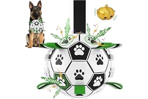 RUCACIO Dog Balls for Large Dogs, Dog Football Toy Soccer Ball with Straps, Interactive Dog Toys with Bell Inside for Tug of War, Puppy Dog Christmas Birthday Gifts (Green)