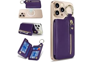 Zouzt für MagSafe Wallet, Magnetischer Handy Kartenhalter Reißverschluss, Zipper Wallet mit verstellbarem Ständer, Ring Schlüsselanhänger for iPhone 16e/16 Pro Max/15/14/13/12, Dunkelviolett