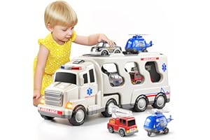 BLMUKCE Giocattolo camion ambulanza 5 in 1 per bambini maschi di 3 4 5 6 anni, auto a spinta ad attrito con elicottero, auto della polizia, vigili del fuoco, ambulanza, regali di compleanno per bambine di età