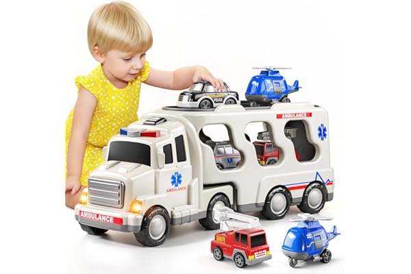 Jouet camion ambulance 5 en 1 pour tout-petits pour garçons de 3, 4, 5, 6 ans, voitures à friction avec hélicoptère, voiture de police, camion de pompiers, ambulance, cadeaux d'anniversaire pour