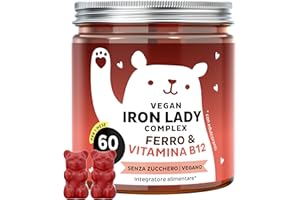 Iron Lady Vegan Complex - Complesso Vegano con Ferro ad Alto Dosaggio, Vitamina B12, B1, B6, C, D3 e Iodio - Gommose vitaminiche - 60 pezzi (1 Mesi) - Senza Zucchero, Vegano - Bears with Benefits