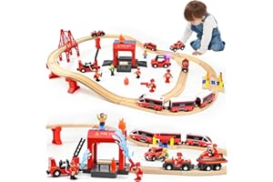 Ulikey Holzeisenbahn Set Kinder, 58 Teiliges Holzeisenbahn Schienen und Zug Spielzeug, Modelleisenbahn-Set mit Elektrische Lok und Feuerwehr, Spielzeugeisenbahn-Set Geschenk für Jungen und Mädchen