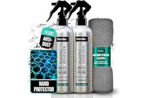 Hendlex Plastic Restorer and Protector with Nanotechnology, Revitalises Faded Plastic, Vinyl, Rubber & Leather, Anti-Dust Formula, Easy to Apply – 200ml with Microfiber Cloth