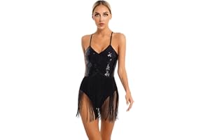 CHICTRY Femme Robe Danse Latine Tango Salsa Samba Combinaison Dos Nu Gland Franges Justaucorps Gymnastique Ballerine Robe Bal Club Disco Ballroom Costume Danseuse Performance S-XL