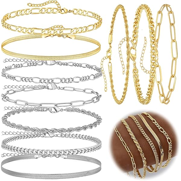 JUKOTA 11PCS bracciali donna,bracciali,Bracciale Donna Acciaio Inossidabile Placcati Argento Braccialetti a Catena Regolabili Torsione a Serpente Braccialetti Impilabili Set Bracciale Donna