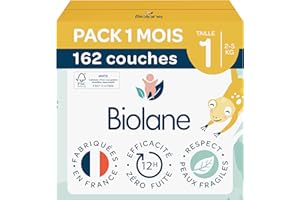 BIOLANE - Rozmiar pieluchy 1 - (2-5 kg) - Skóra wrażliwa - Ultra-chłonna, bez wycieków, 12 godzin suchych - Opakowanie 1 miesiąc 162 pieluchy - Wyprodukowano we Francji